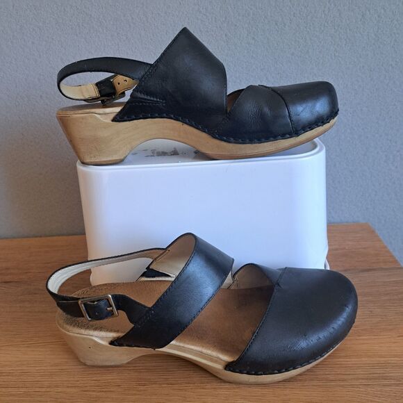 Dansko Thea Leather Clogs Slingback Sandals Wood Cut Out Black Womens 38 7 7.5 - Picture 3 of 10